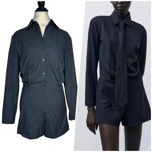 Zara | Women | Black Business Pinstripe Button Up LS Short Romper | Medium
